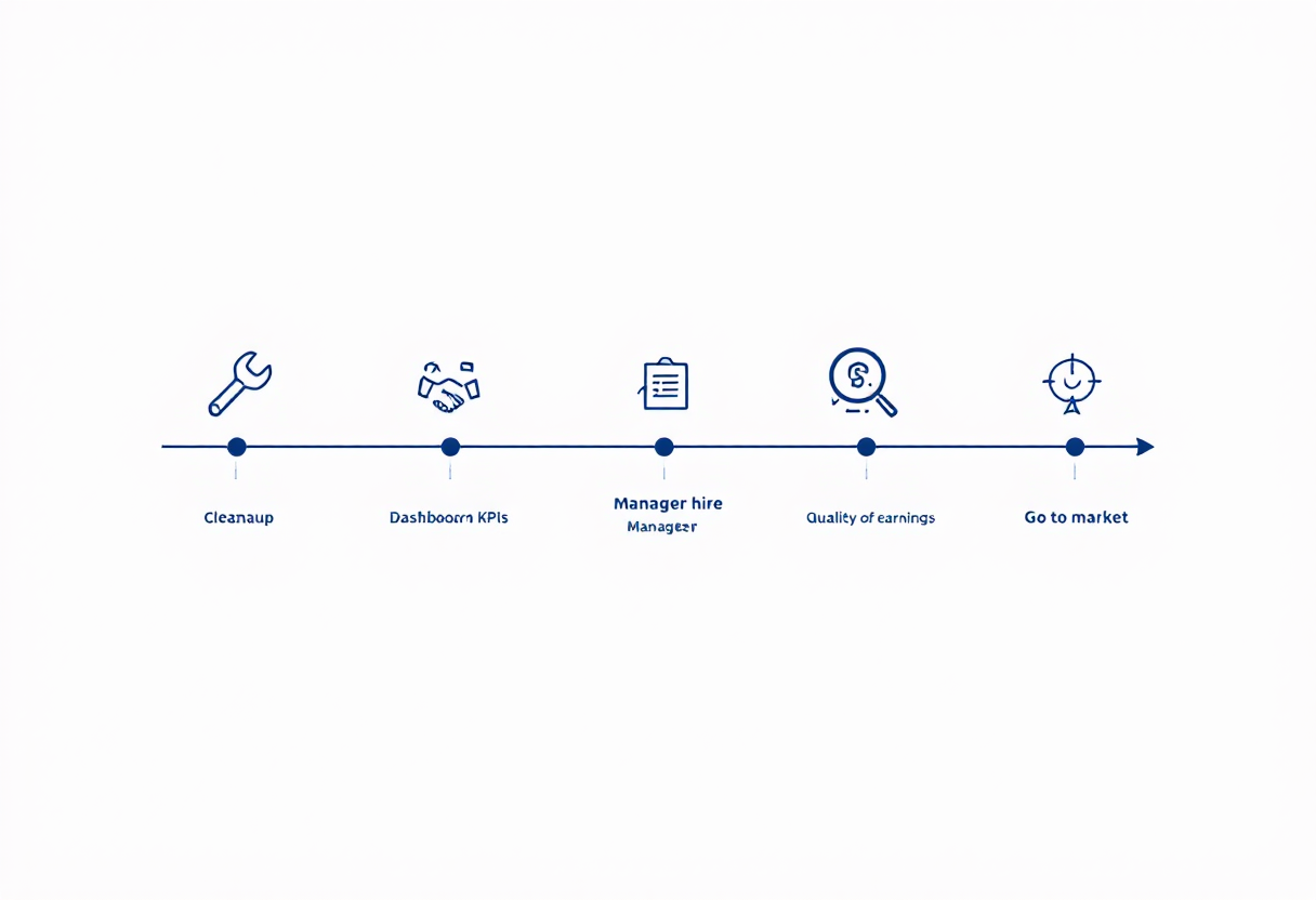 36-month restoration business exit preparation timeline: cleanup phase, KPI infrastructure and general manager hire, sell-side quality of earnings, and go-to-market with M&A advisor