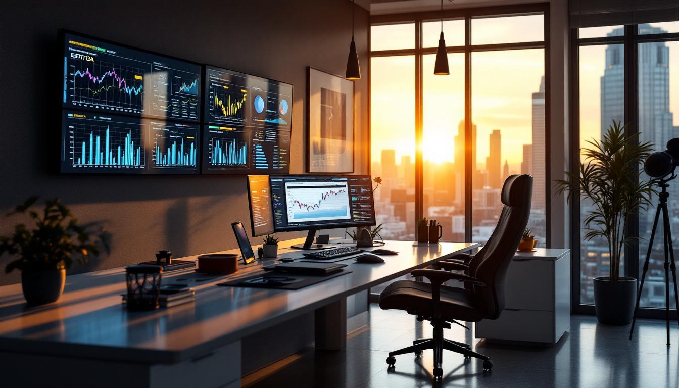 Financial analyst workspace at golden hour with valuation charts
