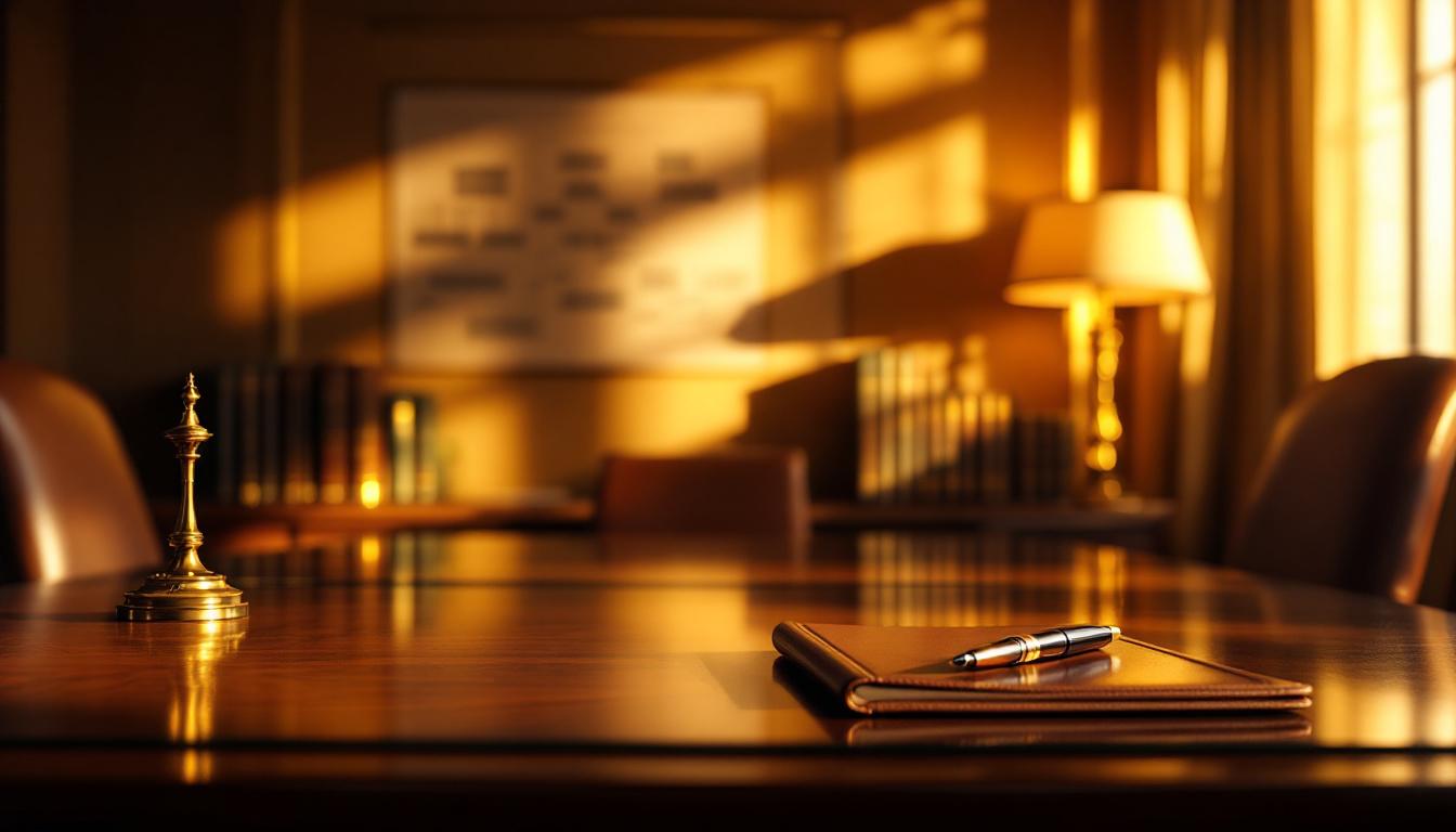Executive desk with tax code volumes, an open ledger showing goodwill allocation columns, and a fountain pen mid-signature on a <a href=