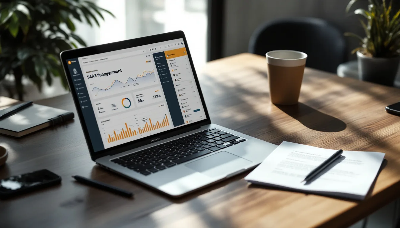 Editorial photograph of a SaaS founder's desk with a laptop showing analytics dashboards, a signed engagement letter, and a coffee cup