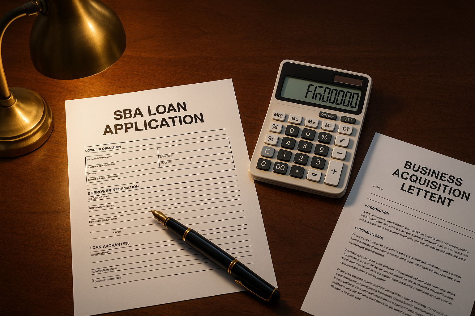 SBA 7(a) loan application documents on executive desk with business acquisition LOI, calculator showing financing structure, brass desk lamp warm light