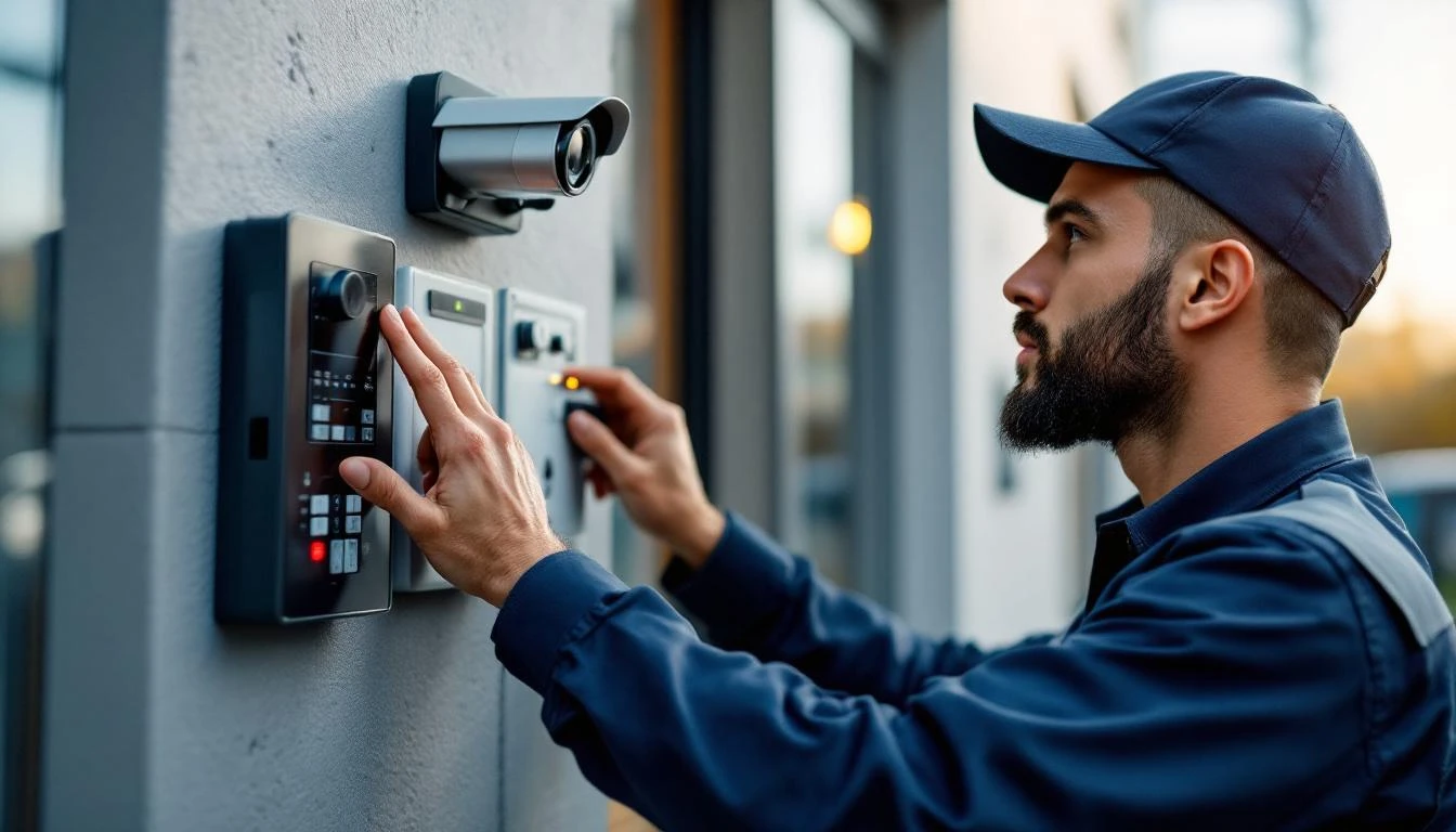 Technician installing access control and cameras for an established security integration business