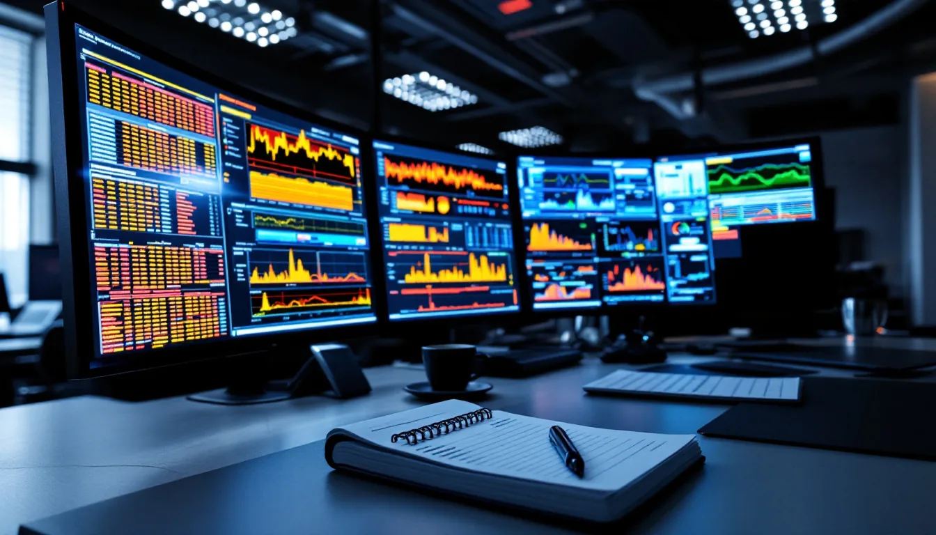 Security operations center with multiple display screens showing active monitoring data and an account ledger on a clean desk
