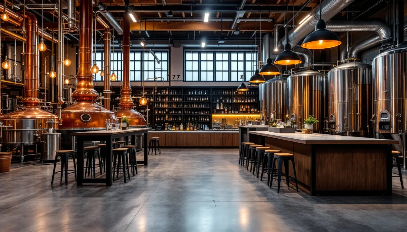Distillery production floor showing copper still and stainless steel fermentation tanks next to a tasting room counter
