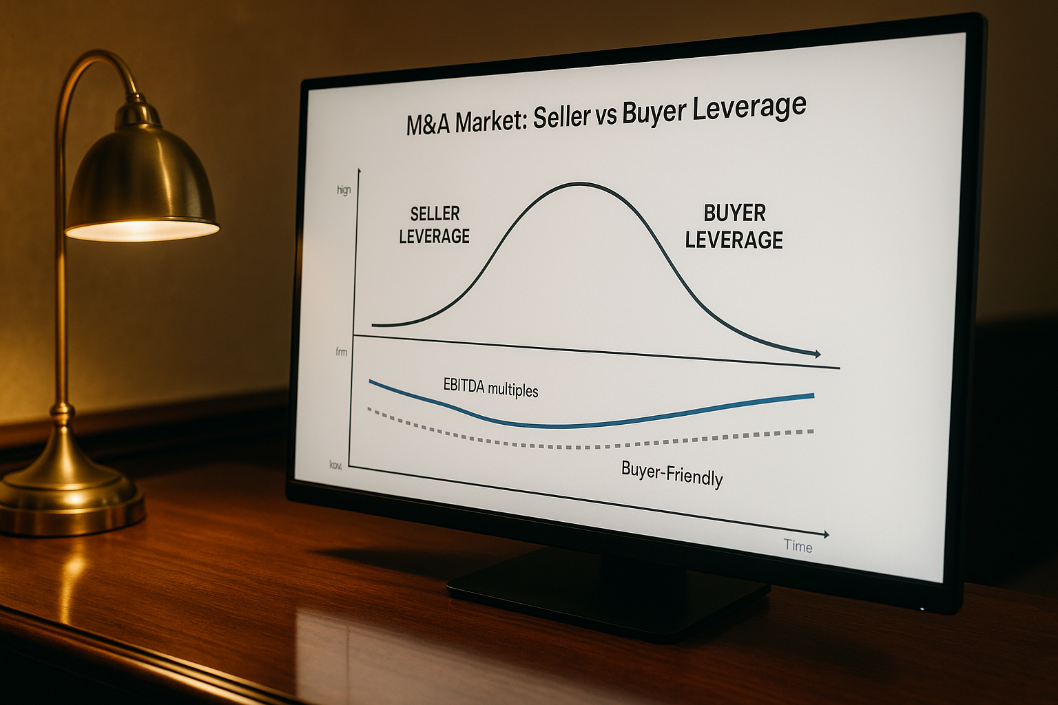 M&A market dynamics diagram showing seller's market vs buyer's market on executive desk with EBITDA multiple trend chart, brass desk lamp golden light