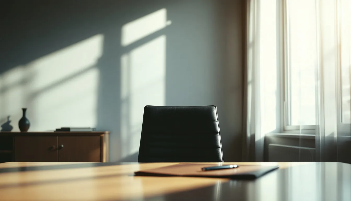 A quiet office desk with closed files and a window looking out, signaling owner transition