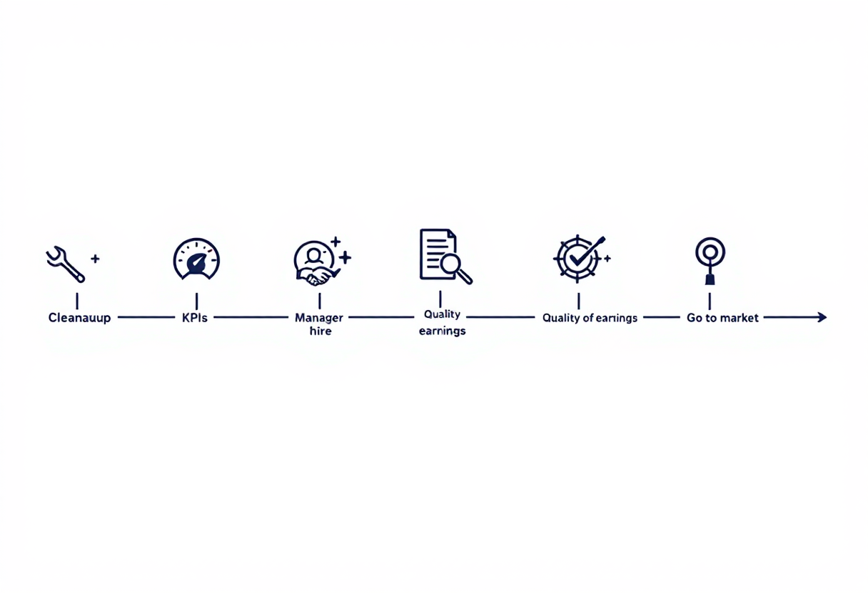 36-month septic service business exit preparation timeline: cleanup phase, KPI infrastructure and general manager hire, sell-side quality of earnings, and go-to-market with M&A advisor