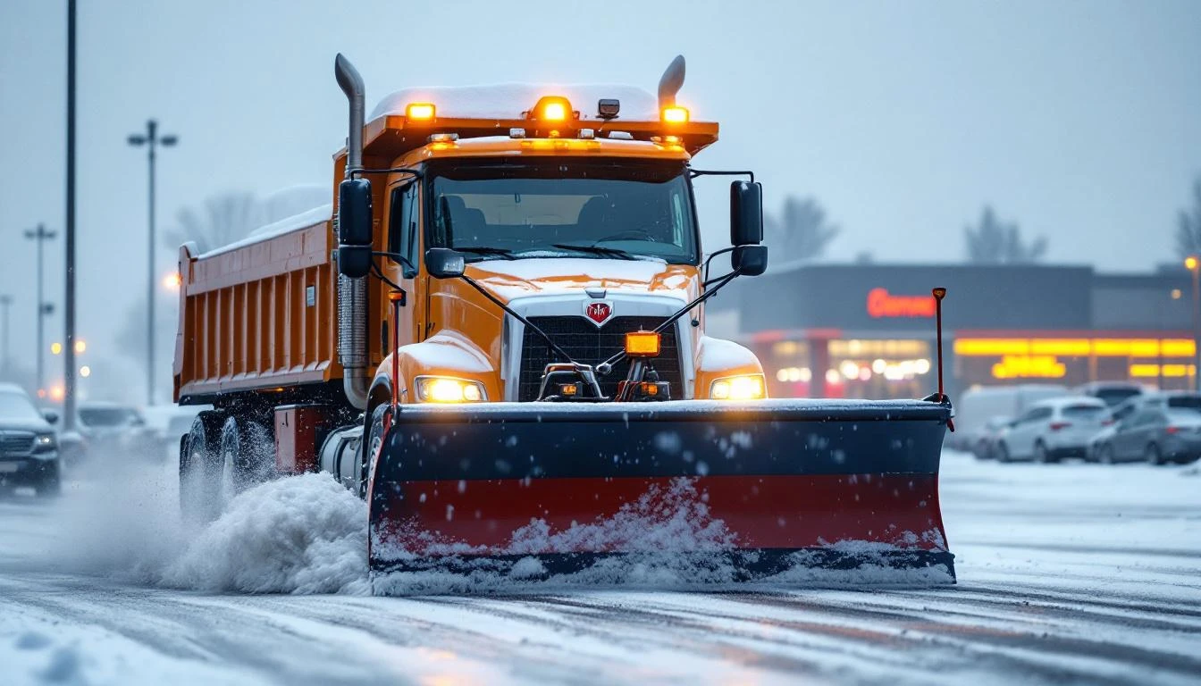 Commercial snow plow clearing a lot, representing a snow removal business for sale