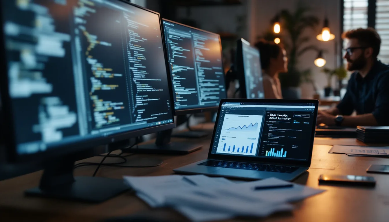 Software development team office with code on monitors, financial documents, and a closed laptop displaying a deal summary