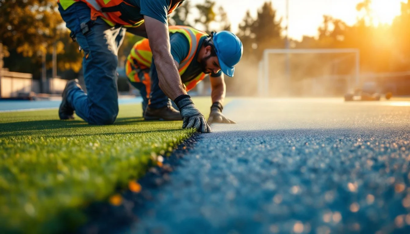 Crew installing an athletic field surface, representing a sports surfacing business for sale