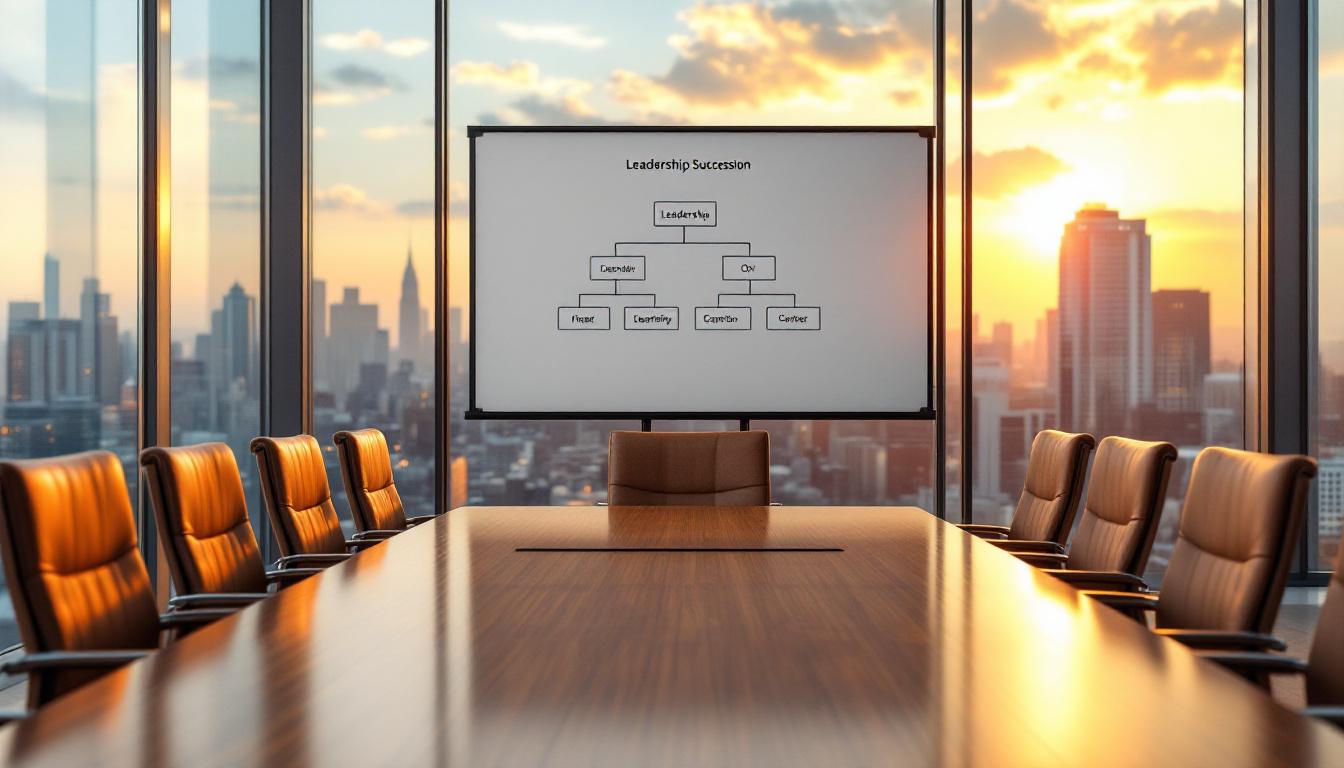 Executive conference room at golden hour with succession org chart on whiteboard