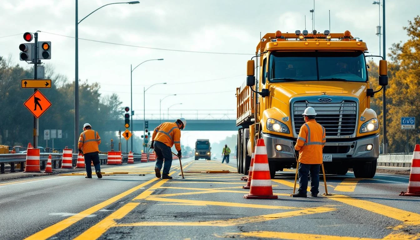 Crew setting up a roadway work zone, representing a traffic control business for sale
