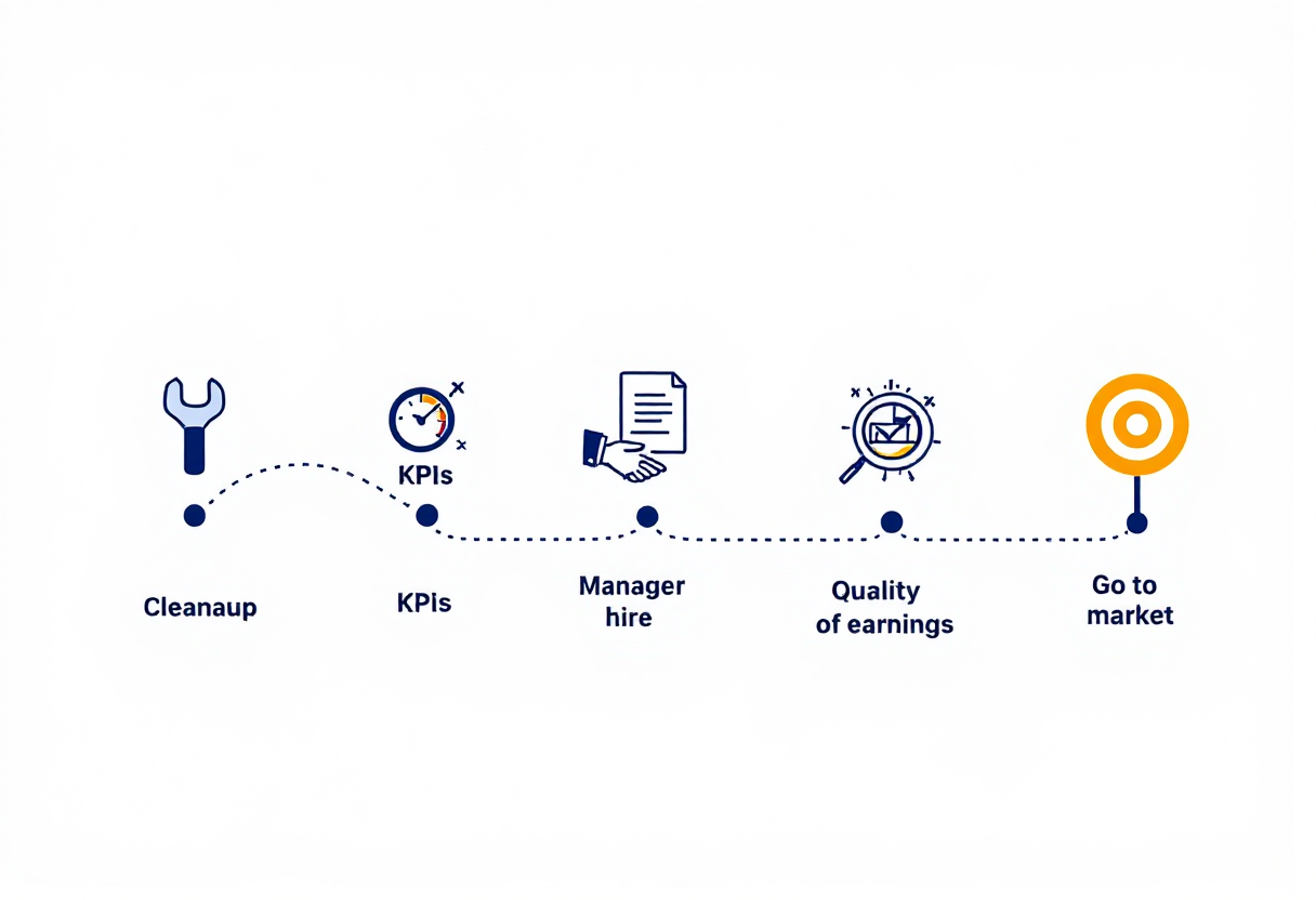 36-month tree service business exit preparation timeline: cleanup phase, KPI infrastructure and general manager hire, sell-side quality of earnings, and go-to-market with M&A advisor