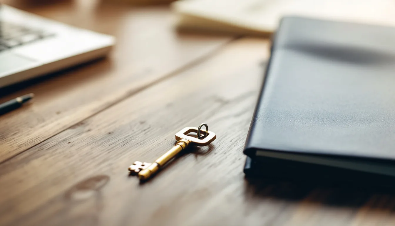 A clean key on a desk beside a small business storefront photo