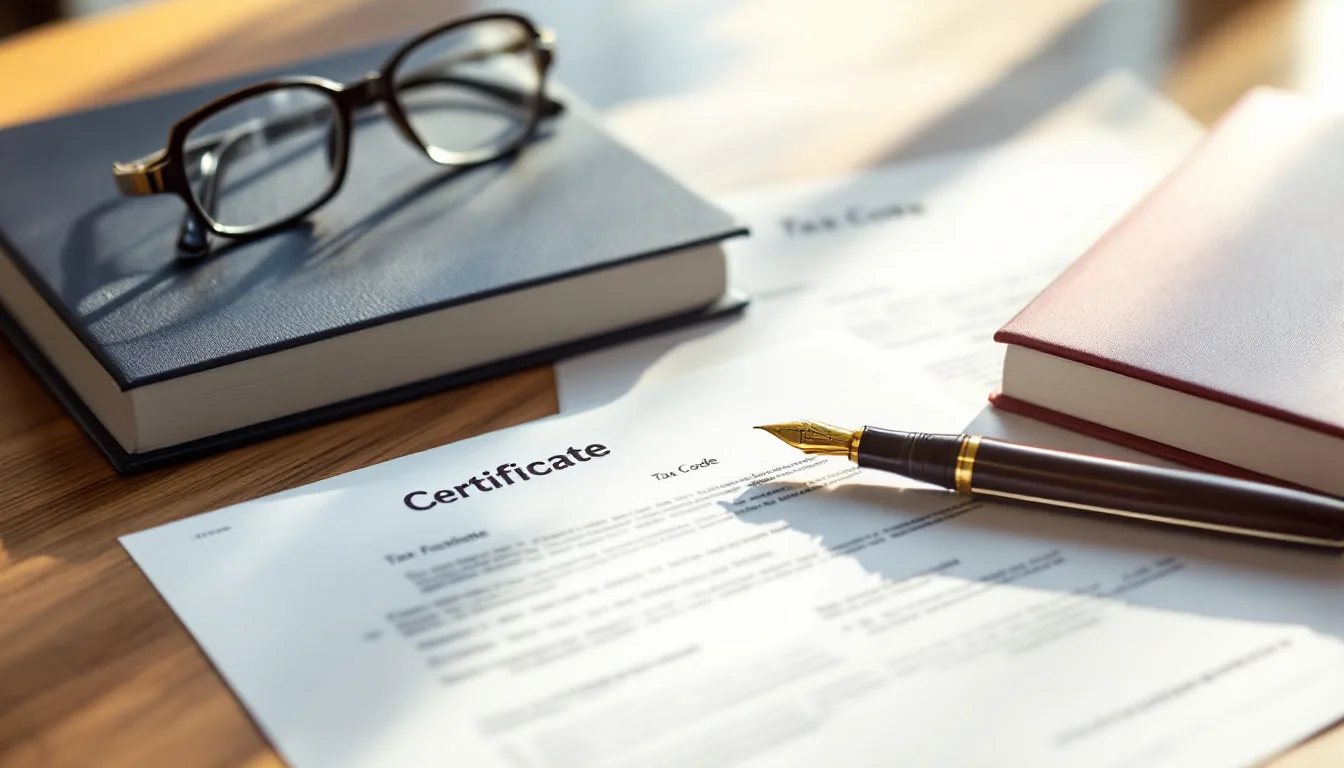 Two corporate certificates and a tax code reference book on a clean wooden desk with a fountain pen and reading glasses