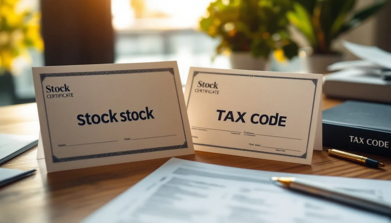 Two corporate stock certificates side by side on a clean wooden desk with a tax code reference book