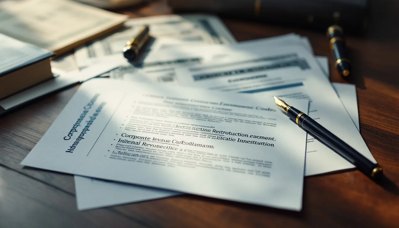 Editorial photograph illustrating a Type C reorganization, with corporate asset documents, share certificates, and IRC 368 statutory references on a desk