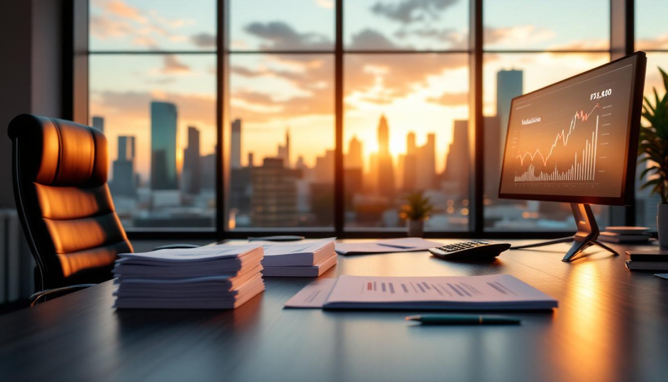 Accountant office at golden hour with valuation reports and financial models