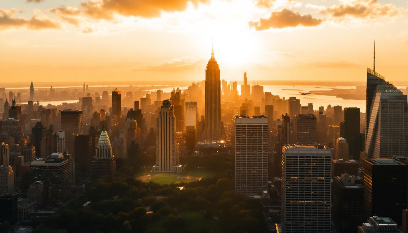 Ultra high net worth wealth visualization: panoramic aerial view of New York Manhattan skyline at golden hour with private aircraft visible at distant airport, representing the geographic concentration and lifestyle of UHNW individuals globally
