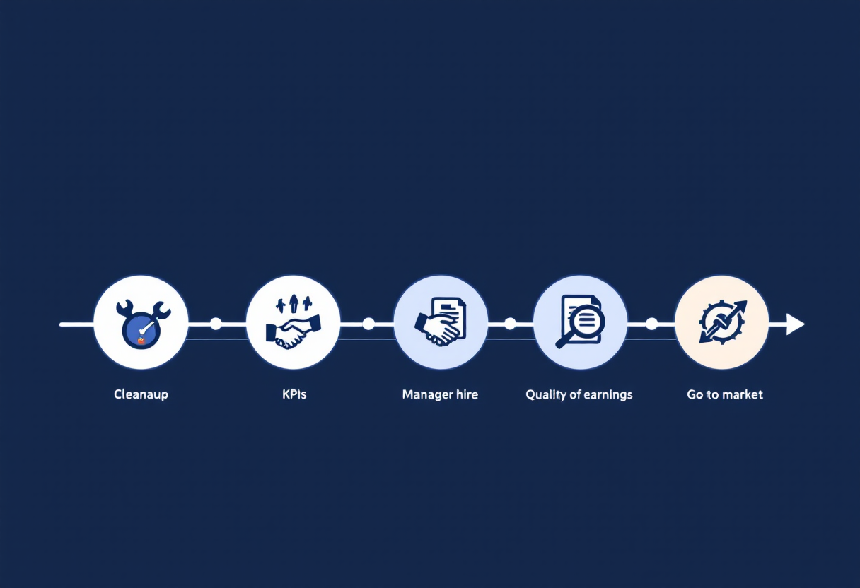 36-month urgent care clinic exit preparation timeline: cleanup phase, KPI infrastructure and general manager hire, sell-side quality of earnings, and go-to-market with M&A advisor