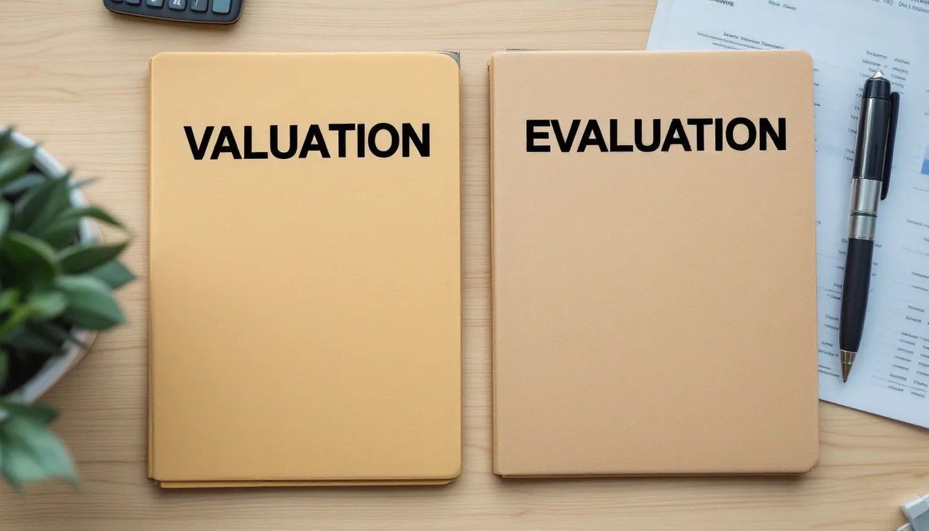 Two folders labeled valuation and evaluation side by side on a clean desk with a calculator and financial reports