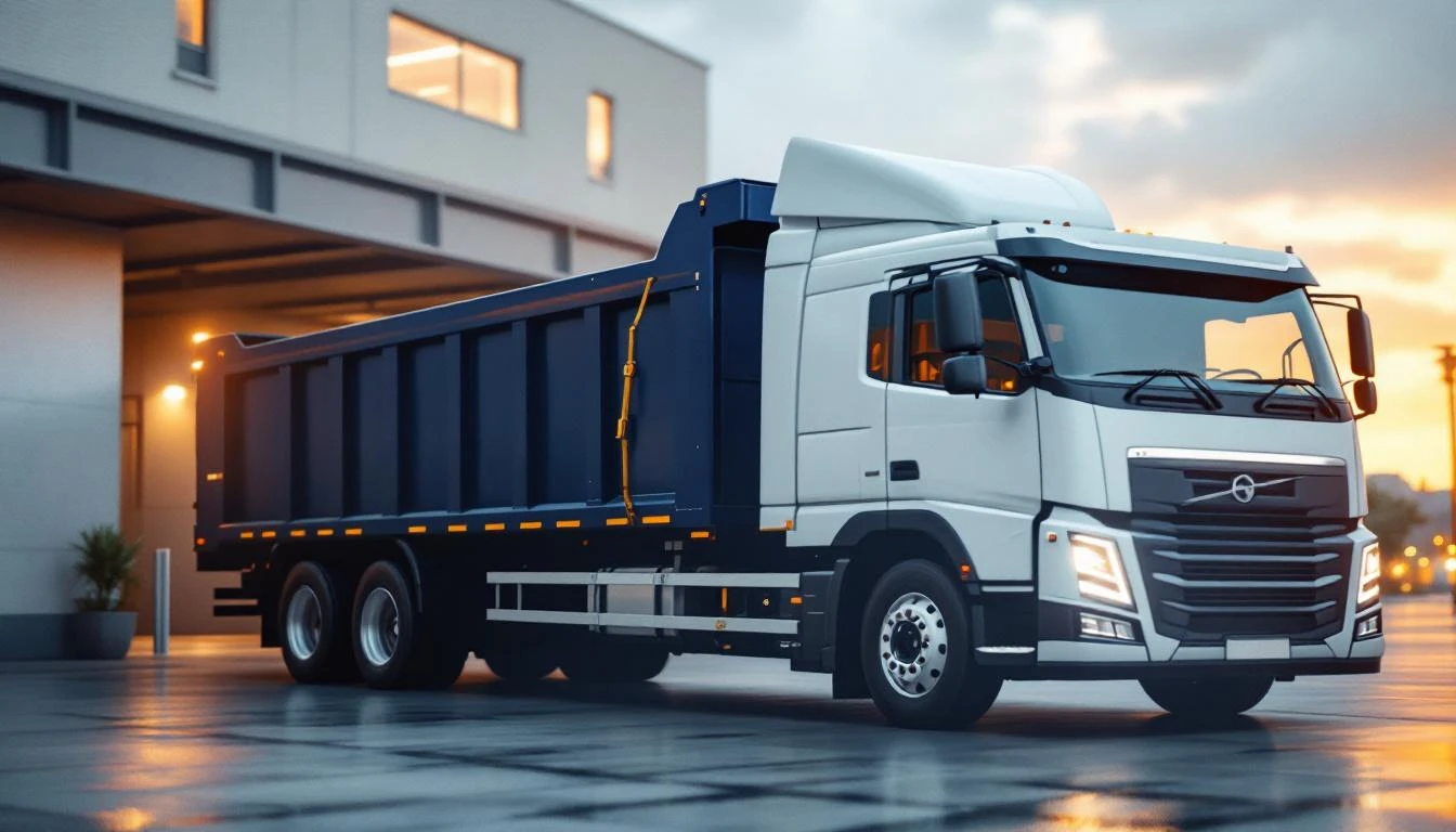 Roll-off truck at a commercial site representing a waste hauling business for sale