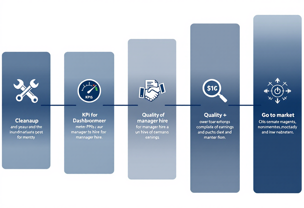 36-month web design agency exit preparation timeline: cleanup phase, KPI infrastructure and general manager hire, sell-side quality of earnings, and go-to-market with M&A advisor