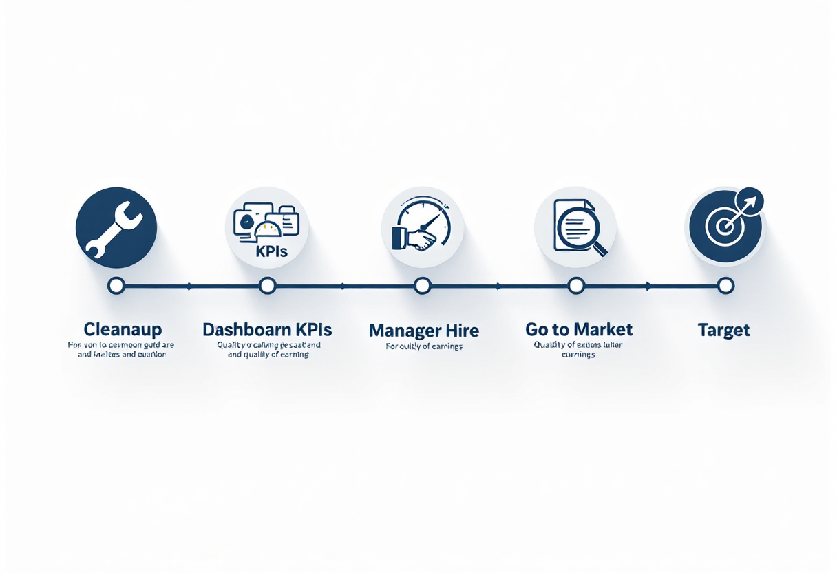 36-month well drilling business exit preparation timeline: cleanup phase, KPI infrastructure and general manager hire, sell-side quality of earnings, and go-to-market with M&A advisor