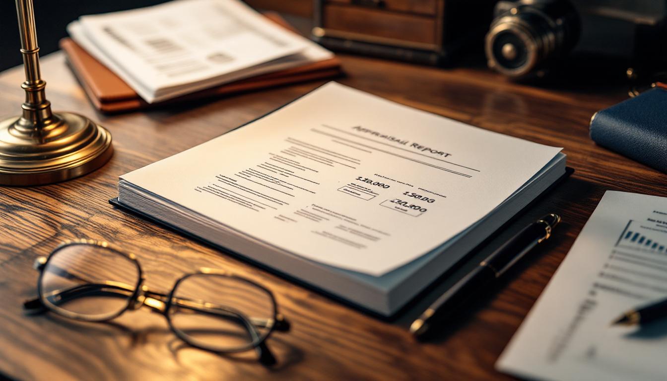 A formal business appraisal report on a walnut desk with financial statements