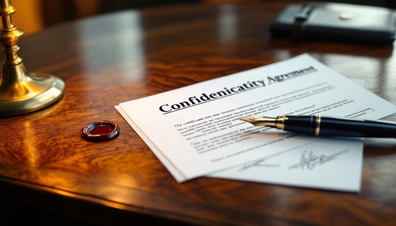 A signed confidentiality agreement on a walnut desk protecting information in a business sale
