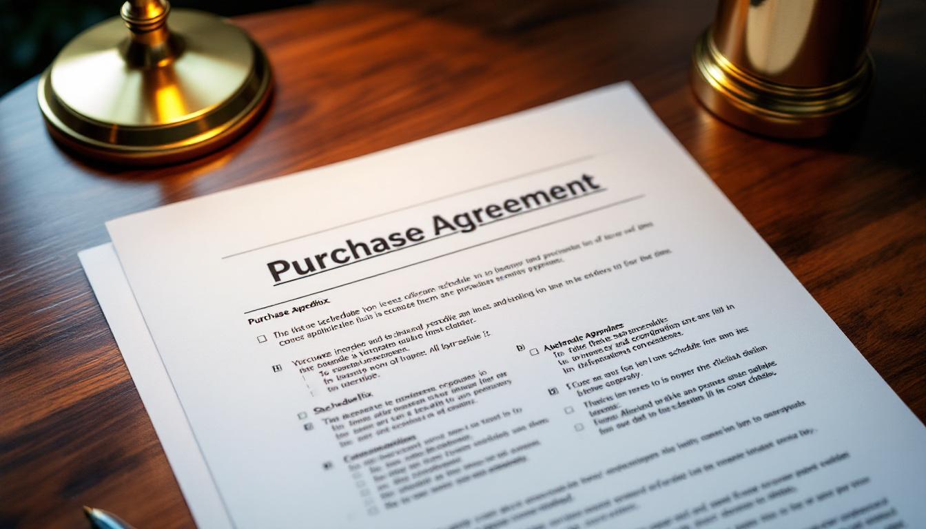 A disclosure schedule attached to a purchase agreement on a walnut desk in a business sale