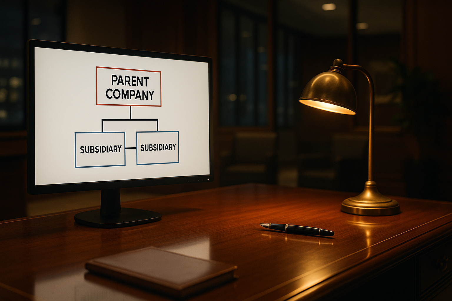Corporate divestiture diagram showing parent company separating a subsidiary business unit, with arrows indicating ownership transfer to outside buyer, polished walnut desk with brass desk lamp