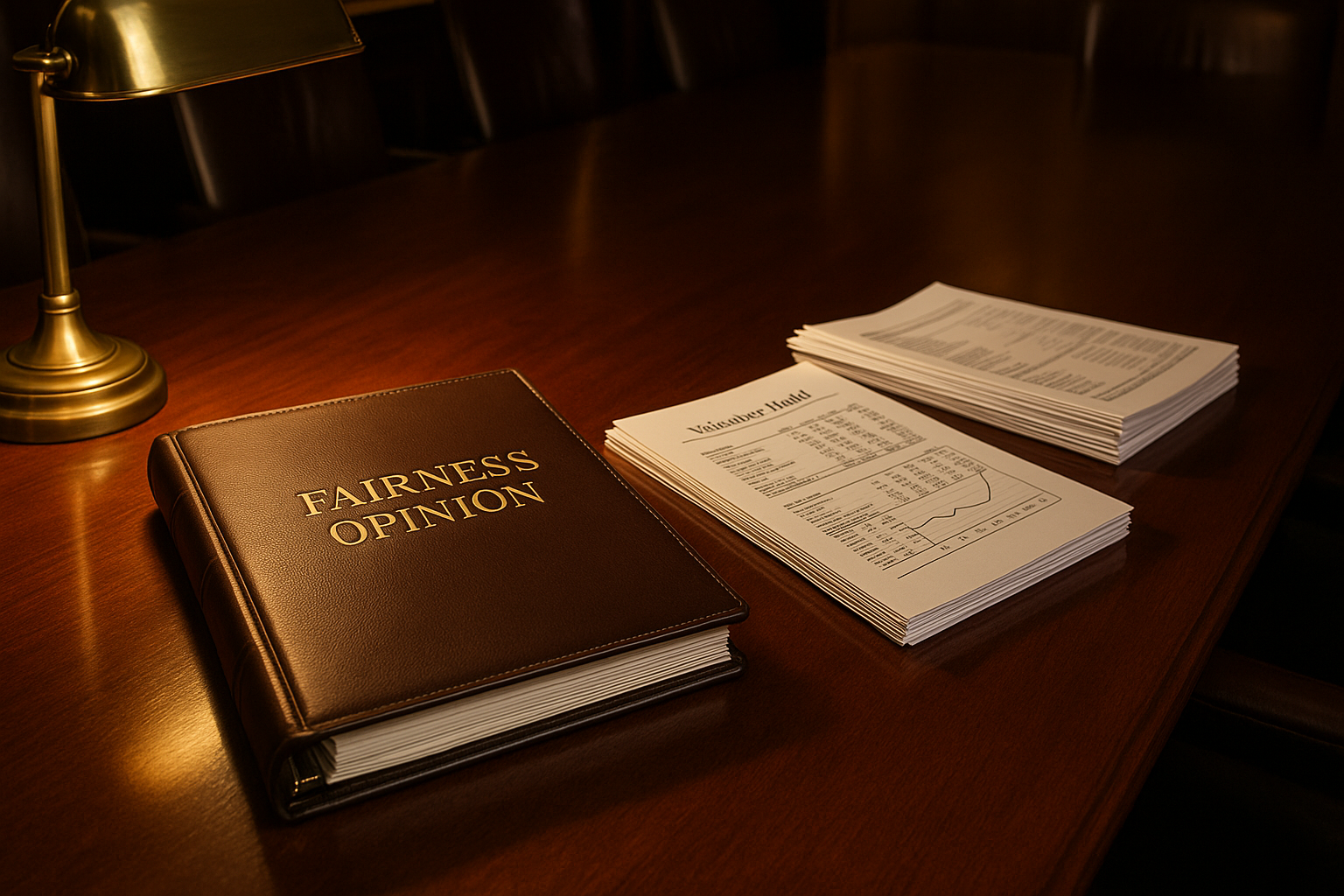 Closed binder labeled Fairness Opinion sitting on a board-room conference table with valuation models