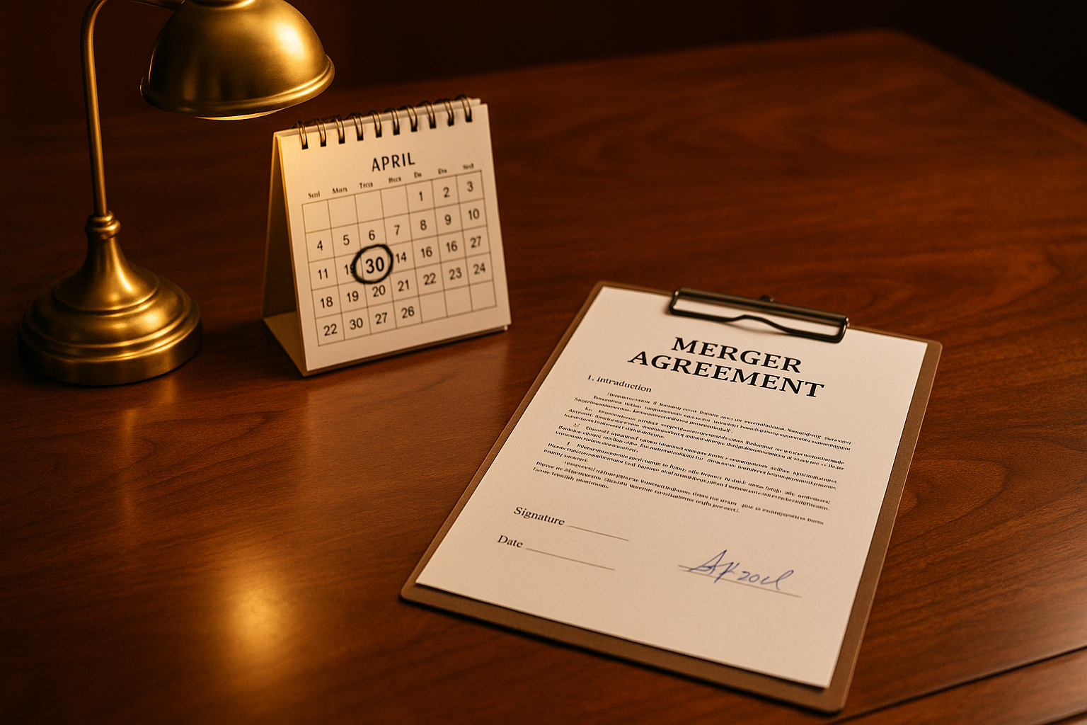 Signed merger agreement on a walnut desk with a calendar marking a 30-day go-shop window