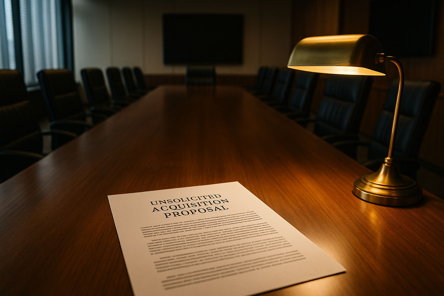 Boardroom table with an unsolicited acquisition proposal representing a hostile takeover attempt