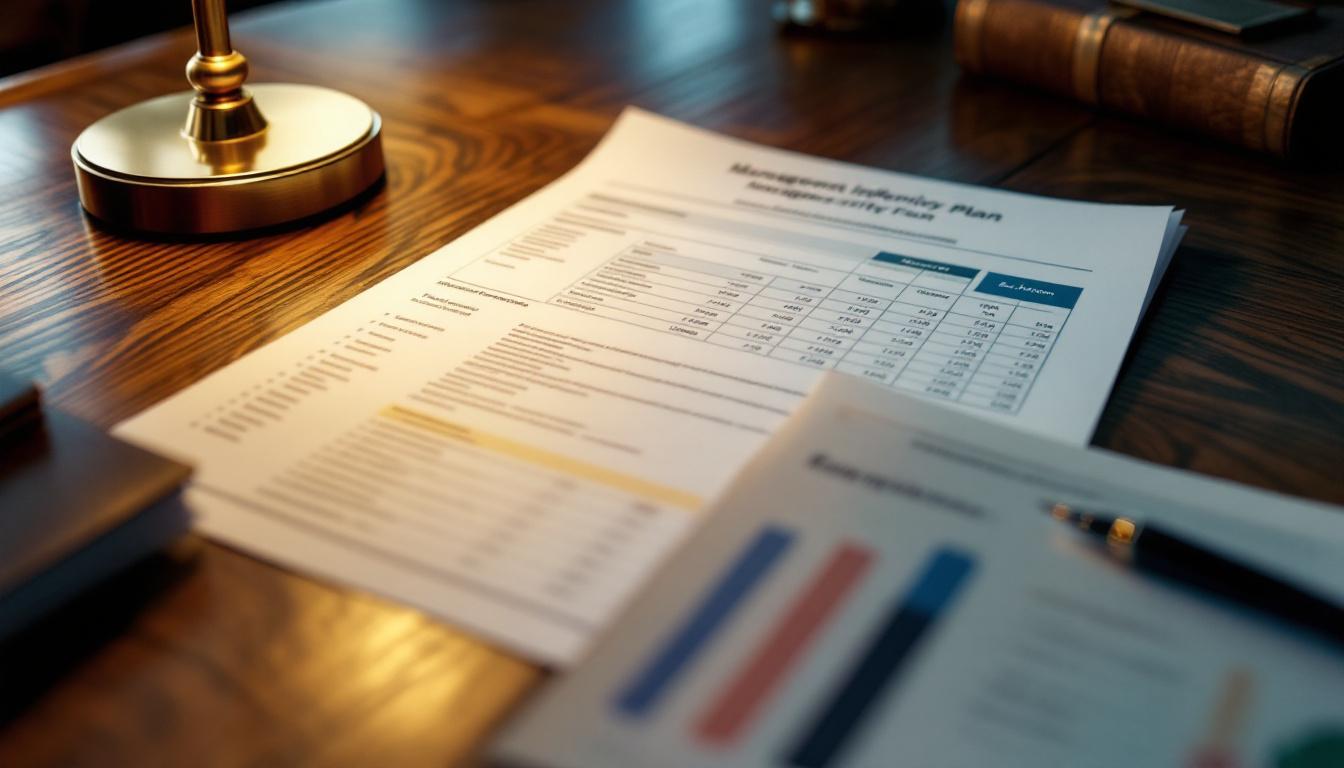 A management incentive plan document on a walnut desk granting equity to a company's leadership