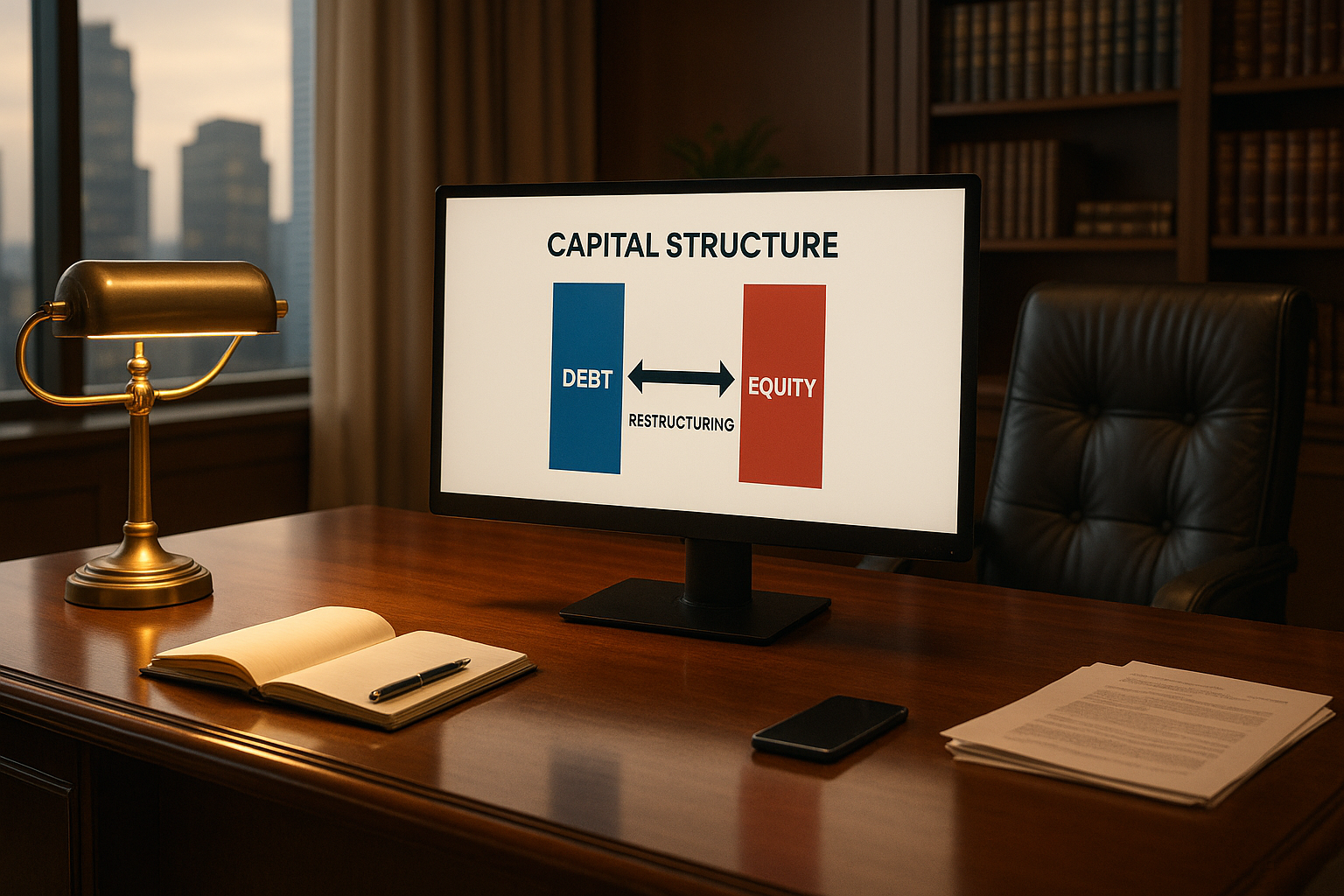 Recapitalization diagram on executive desk showing capital structure transformation with debt + equity reshuffle, brass desk lamp golden light, polished walnut surface