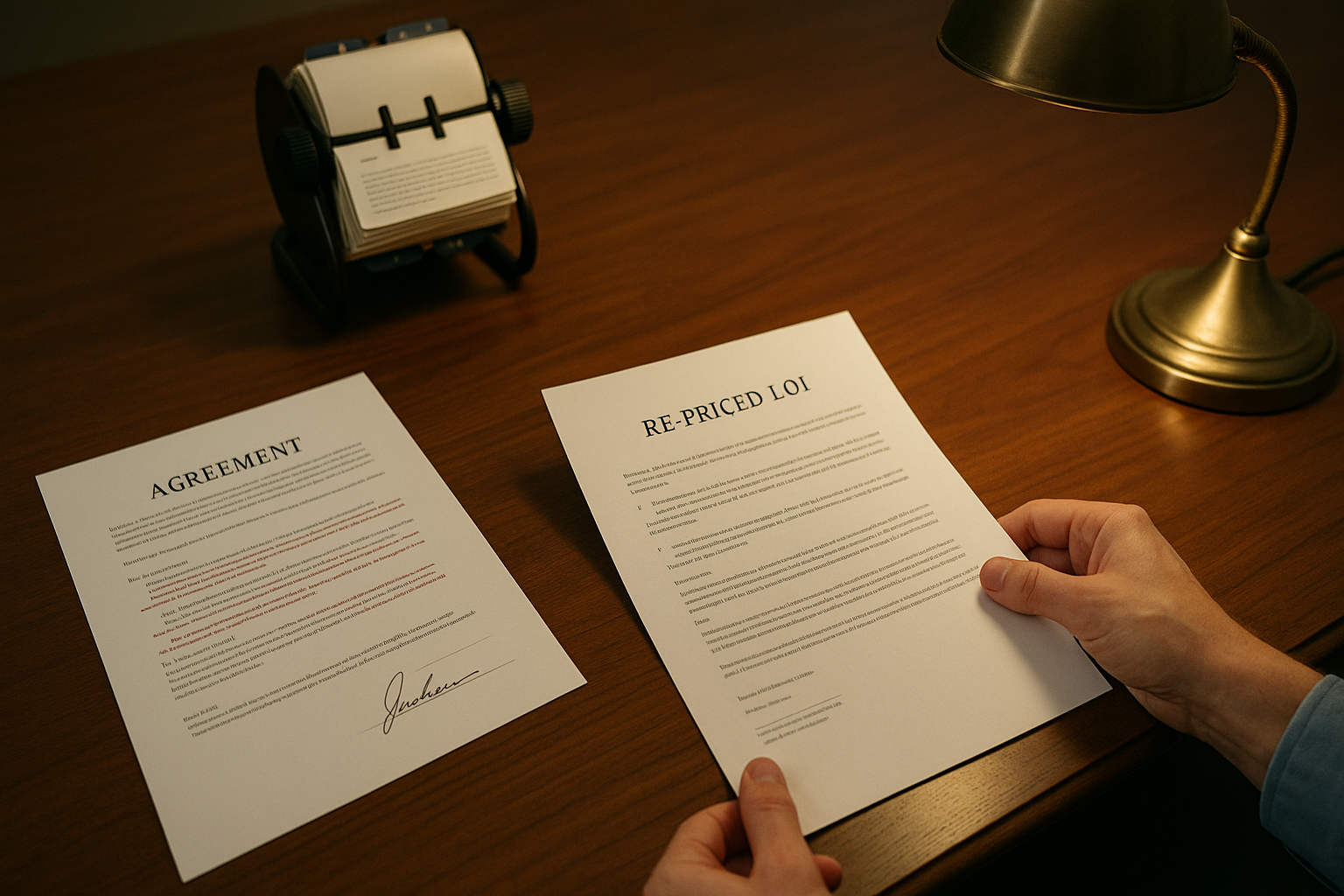 Founder reviewing a re-priced LOI showing a lowered purchase price during diligence