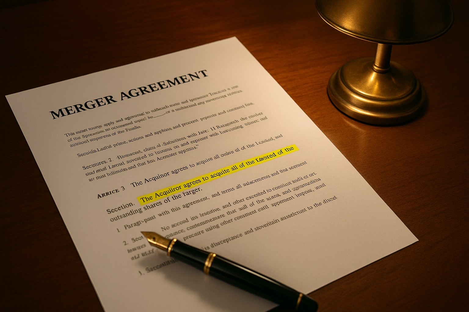 Signed merger agreement on a walnut desk with a reverse termination fee clause highlighted