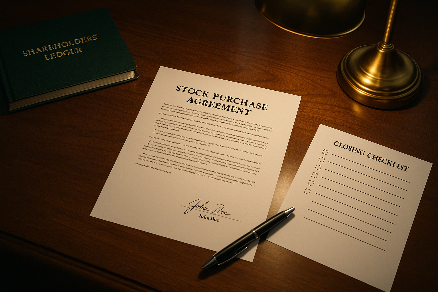 Signed Stock Purchase Agreement on a polished walnut desk with shareholder records and a closing checklist