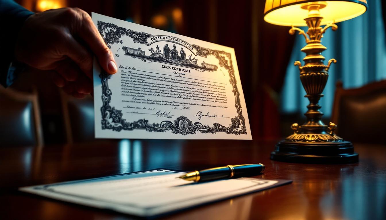 Stock sale transaction representation: ornate stock certificate being passed from seller's hand to buyer's hand at executive boardroom table, single transaction symbolizing entire entity transfer