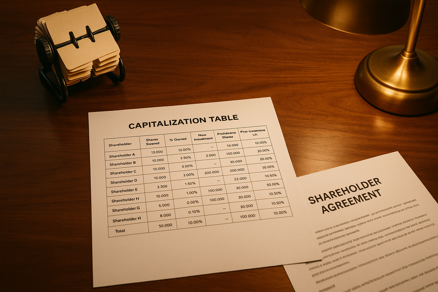 Capitalization table showing majority and minority equity holders with a tag-along clause highlighted