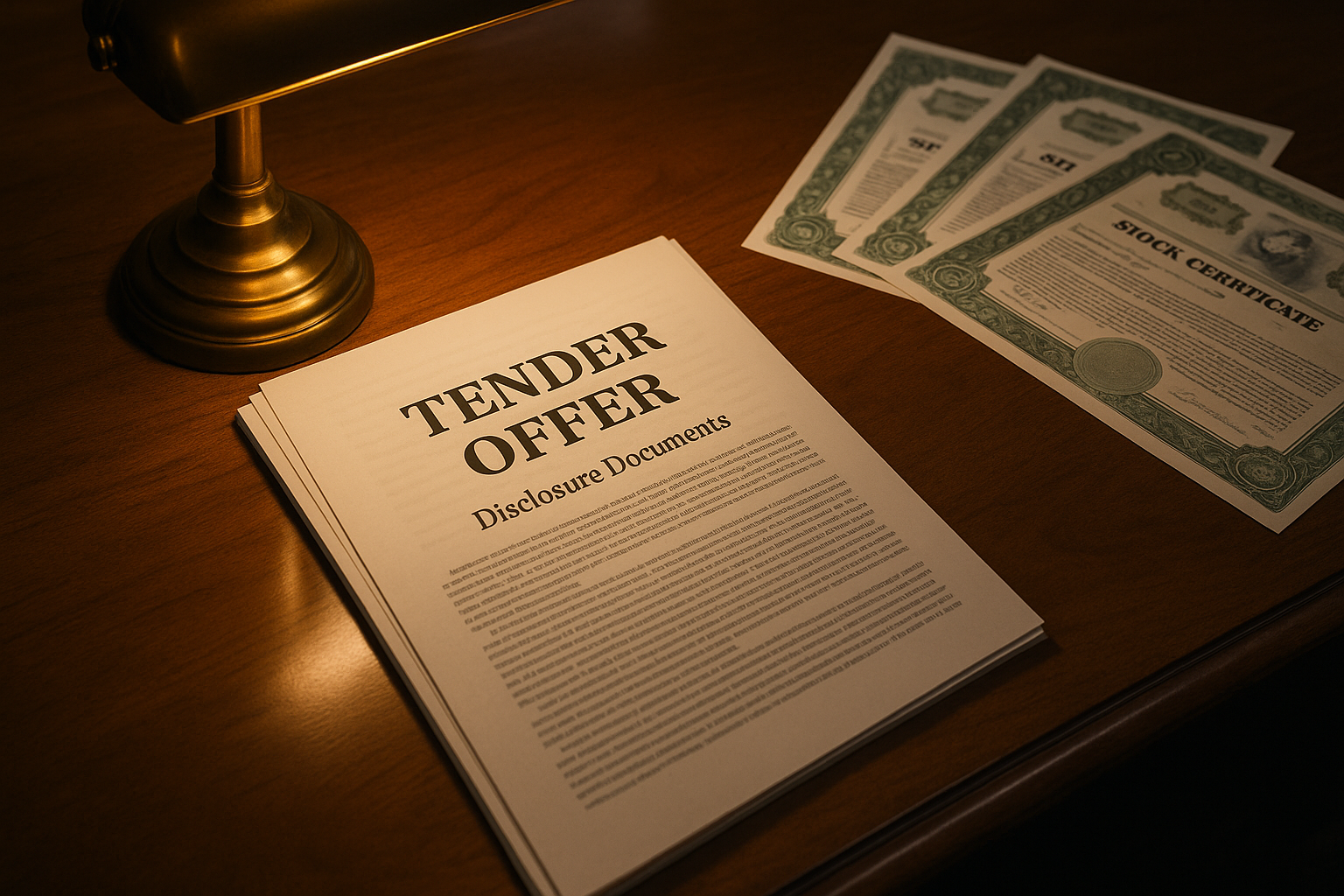 Tender offer documents on a desk showing a public bid to buy shares at a premium price