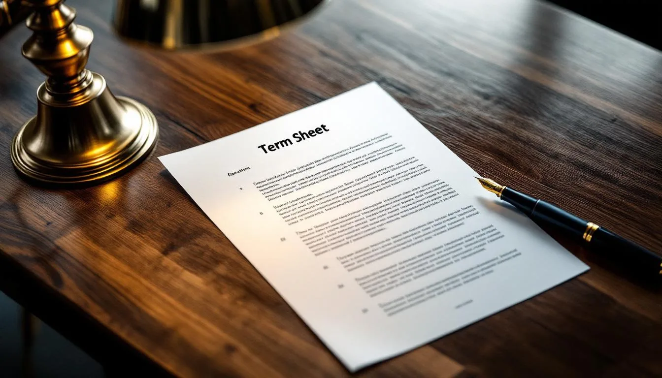 A term sheet outlining the proposed terms of a business deal on a walnut desk