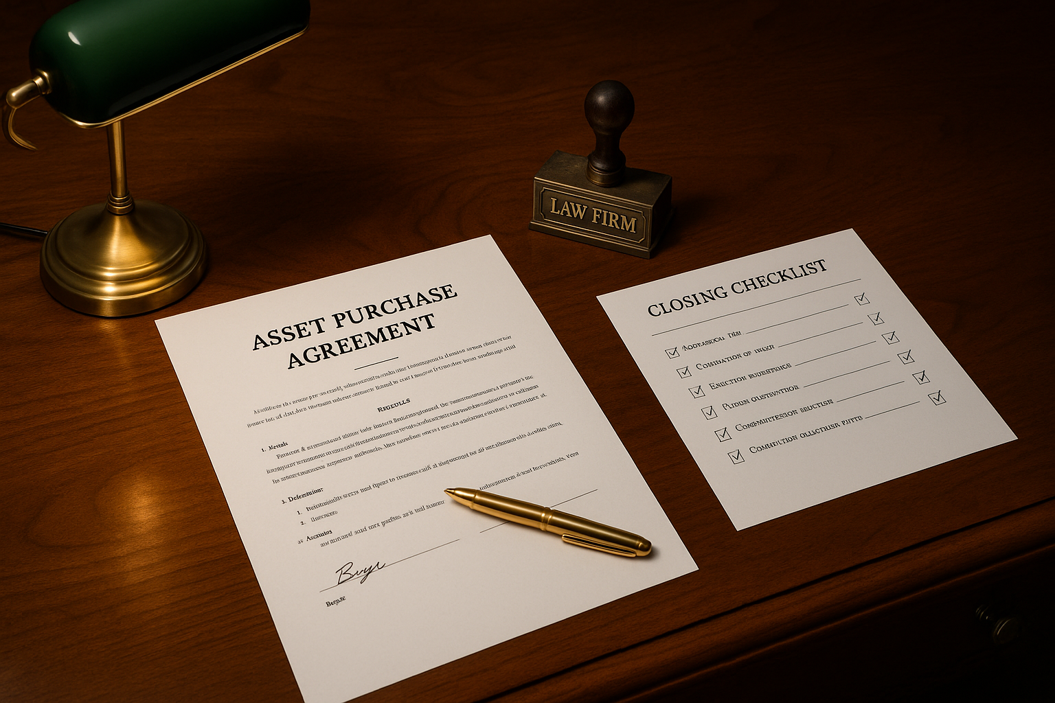 Signed Asset Purchase Agreement on a polished walnut desk with a closing checklist and capital-structure diagram