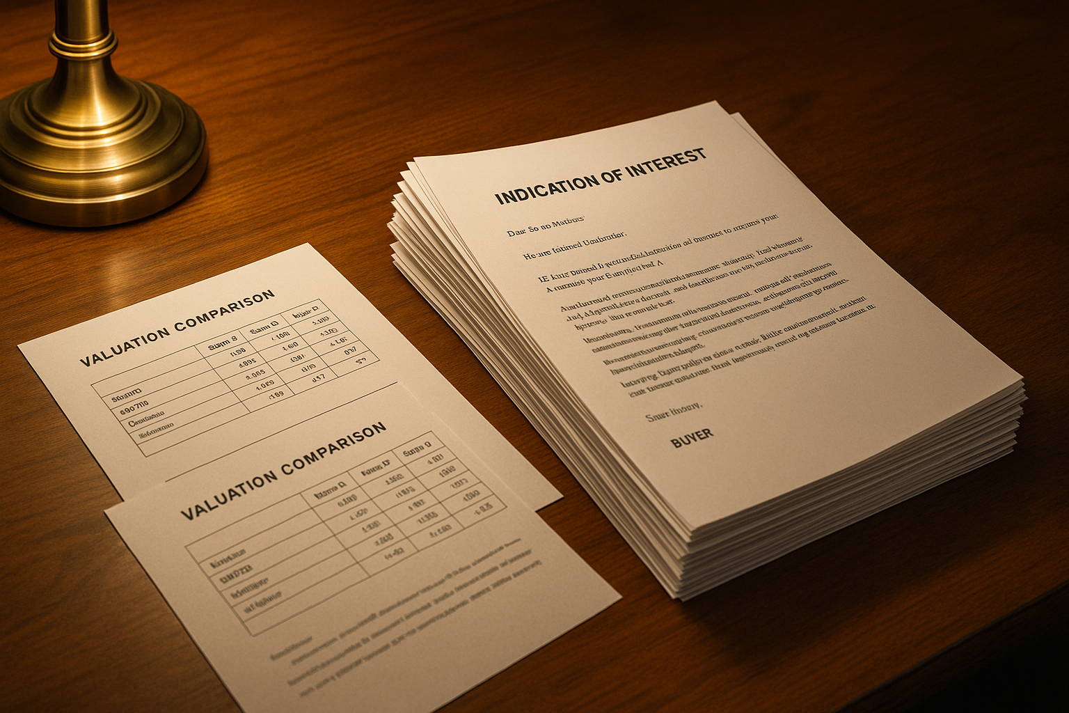 Stack of indication of interest letters from multiple buyers on a polished walnut desk with valuation comparison