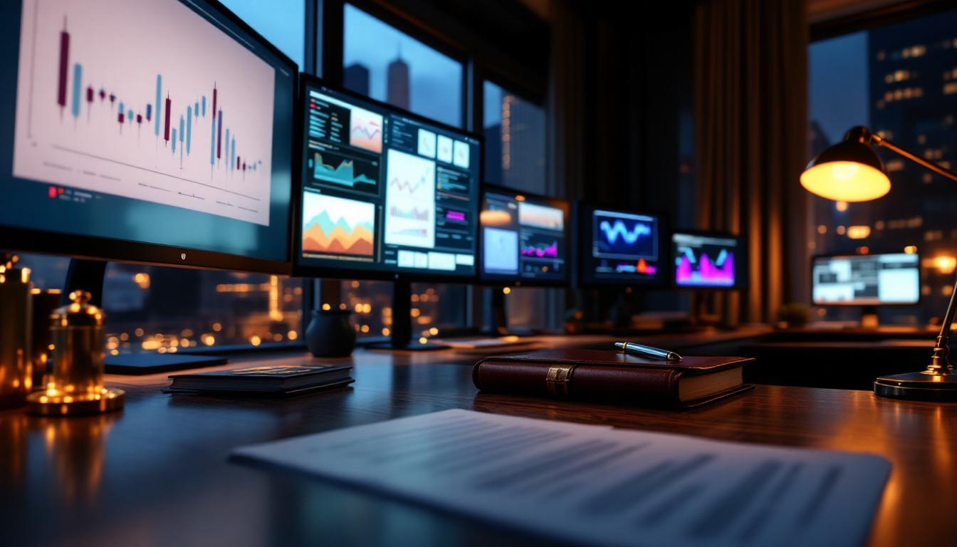 Executive office of an investment banker with M&A pitchbooks, financial models on monitors, fountain pen and leather portfolio, brass desk lamp glowing on polished walnut desk, late-evening city skyline visible through tall windows