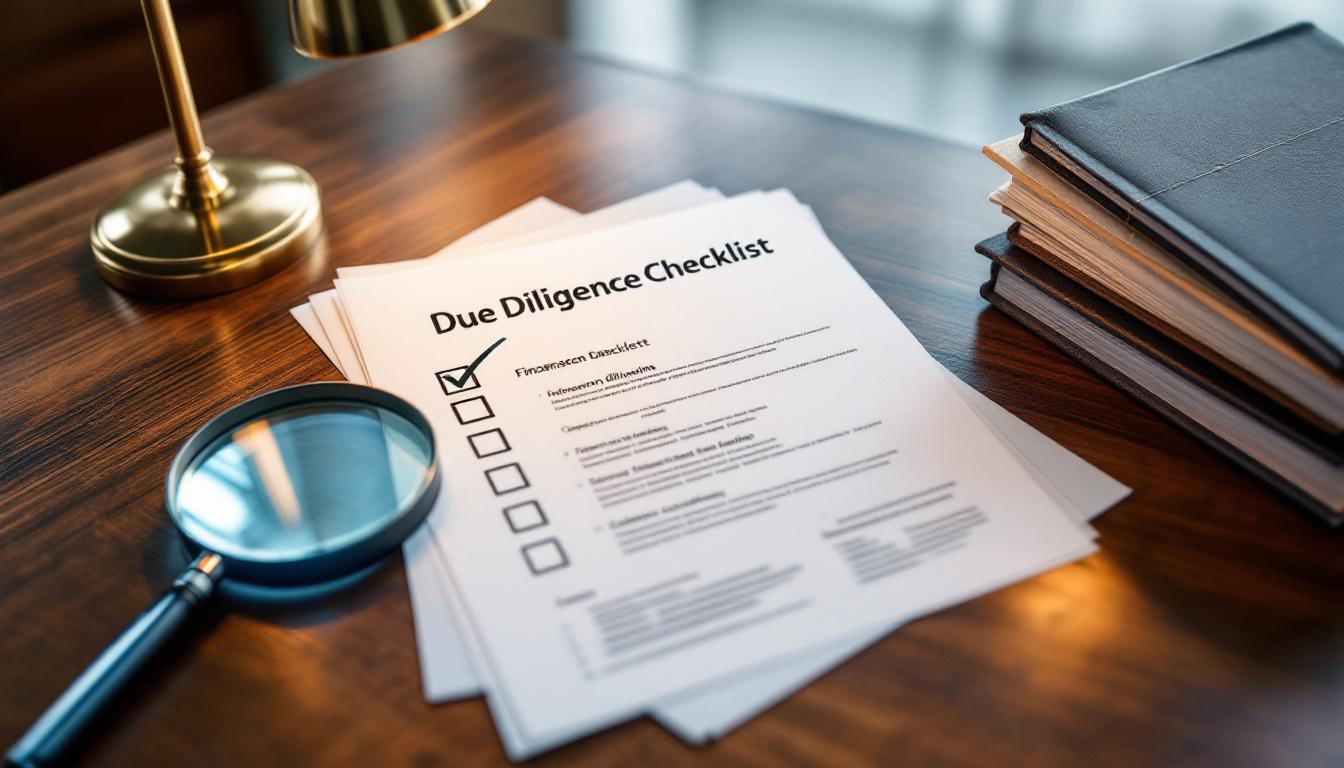 A due diligence checklist and financial documents on a walnut desk during an M&A transaction