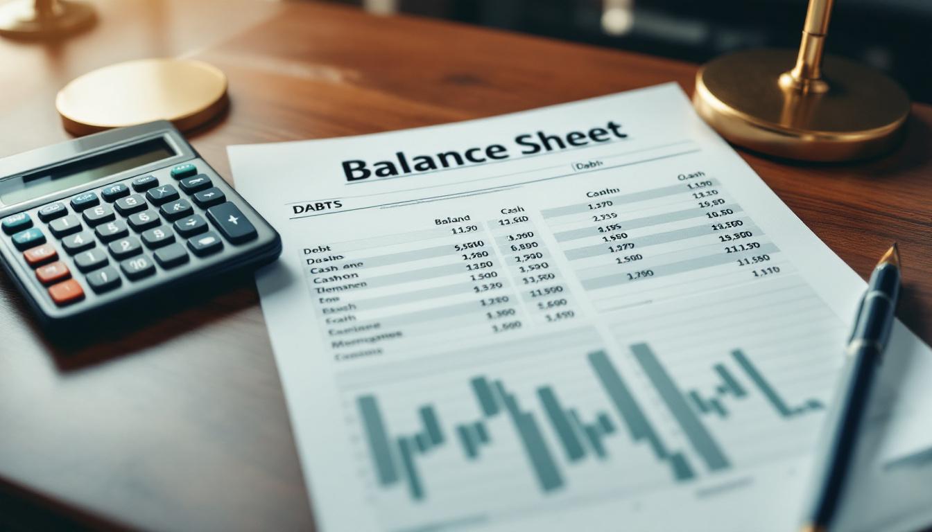 A balance sheet on a desk with debt and cash highlighted to calculate net debt for a business sale