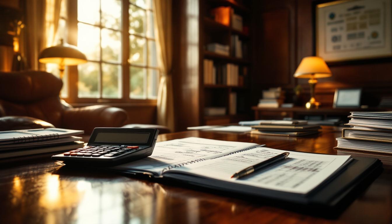 Calculator and financial reports on an executive desk with handwritten waterfall annotations transforming a business P&L into SDE, representing the add-back recasting process used in small-business valuation